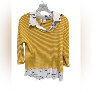 Red Camel Women's Medium Mustard Yellow and White Striped Blouse with Stallions
